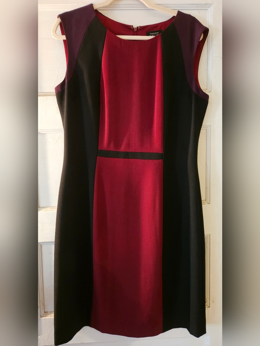Tahari ASL Burgundy, Black & Purple Colorblock Midi Sheath Dress